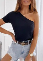 Top Boho One Shoulder Design Short Sleeve Slim