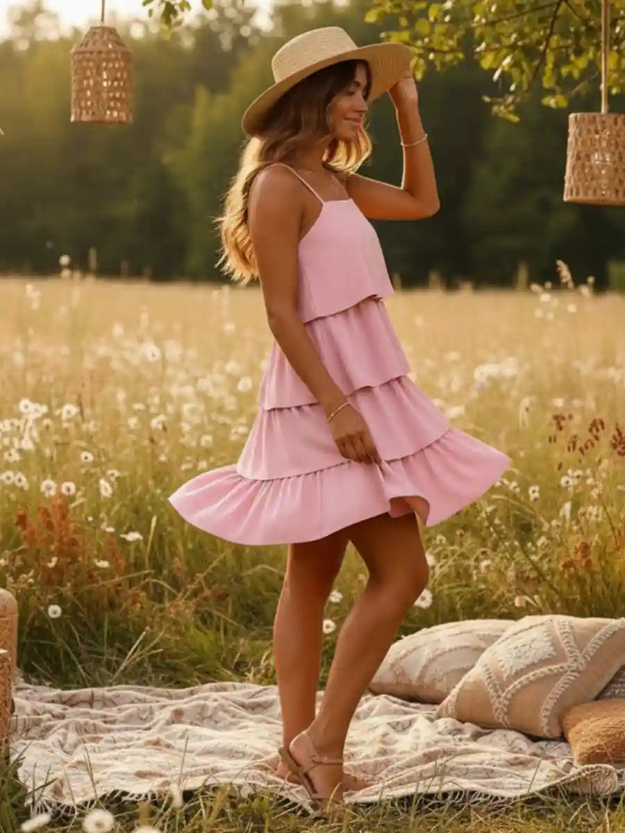 Trapeze Mini Dress in Bohemian style in Light Pink
