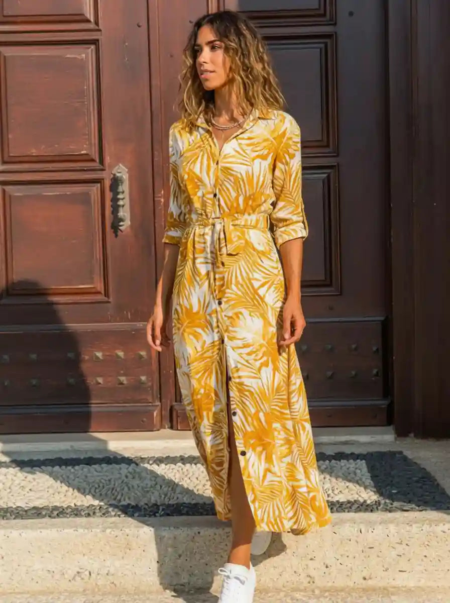 Tropical Boho Shirt Maxi Dress with Belt