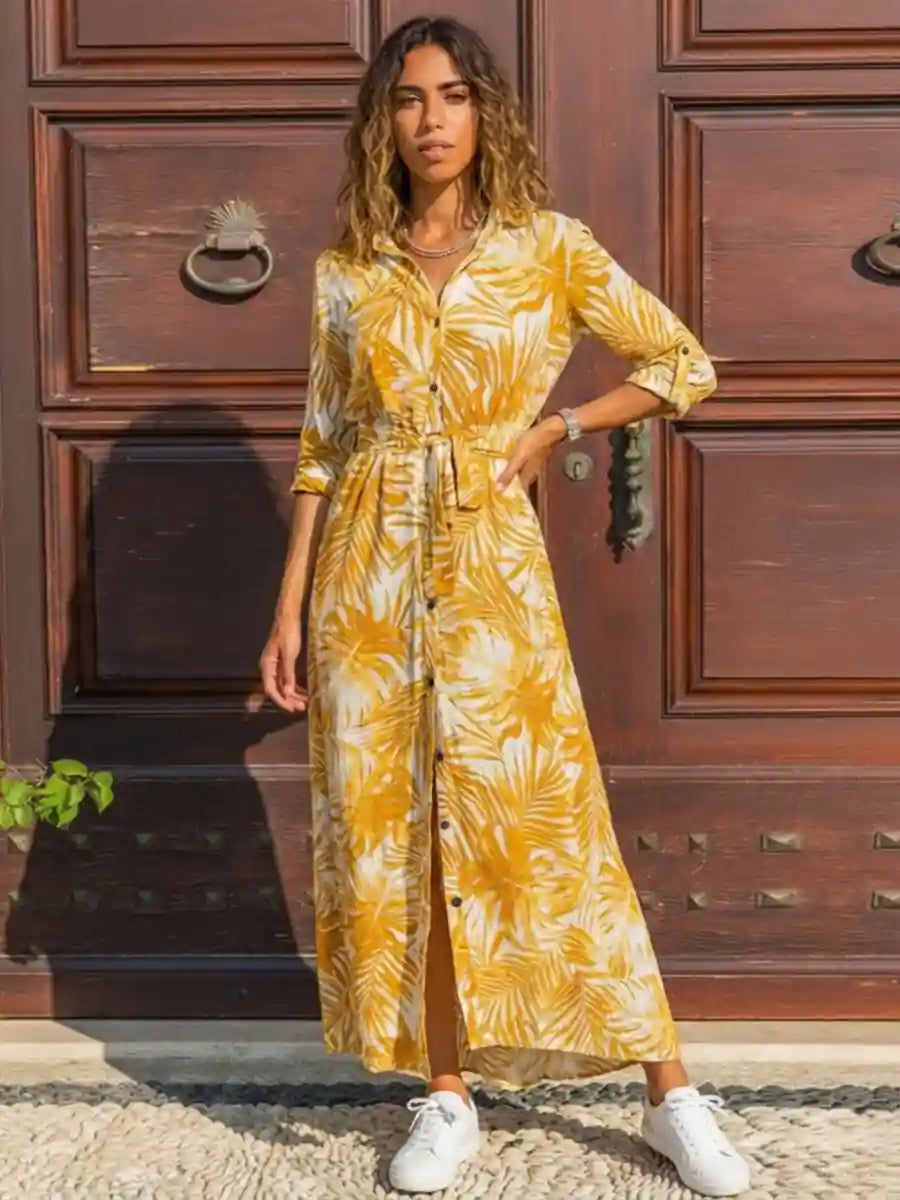Tropical Boho Shirt Maxi Dress with Belt