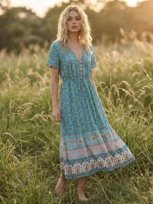 turquoise boho maxi dress PUFFER SLEEVE LOOSE PRINTED DRESS main image 0