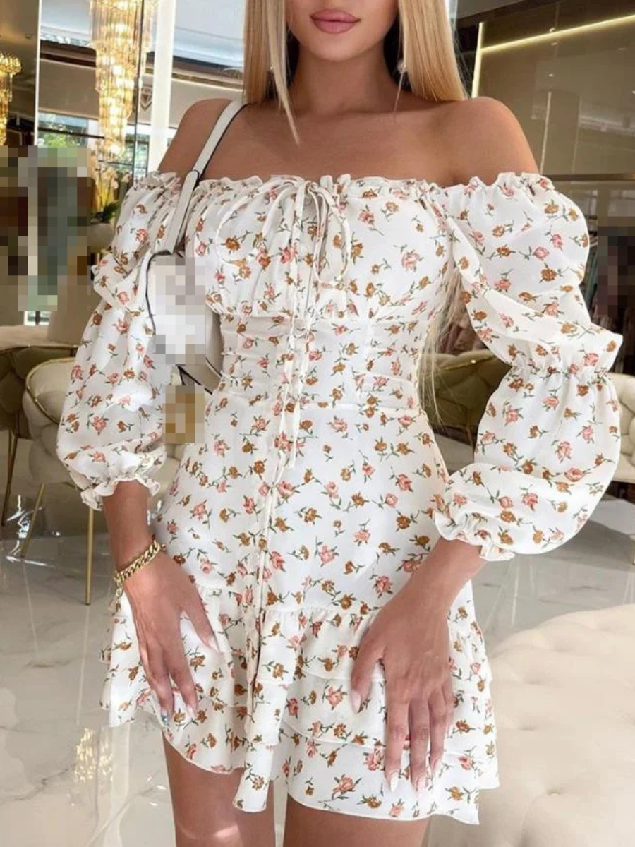 Bustier Boho Hippie Mini Dress in White with Floral print