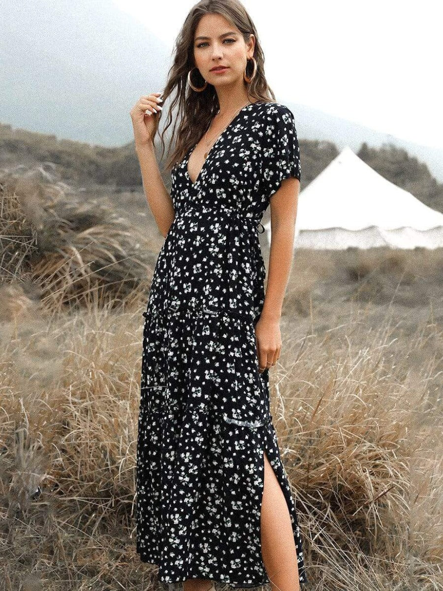 Vintage Black Boho Split Dress
