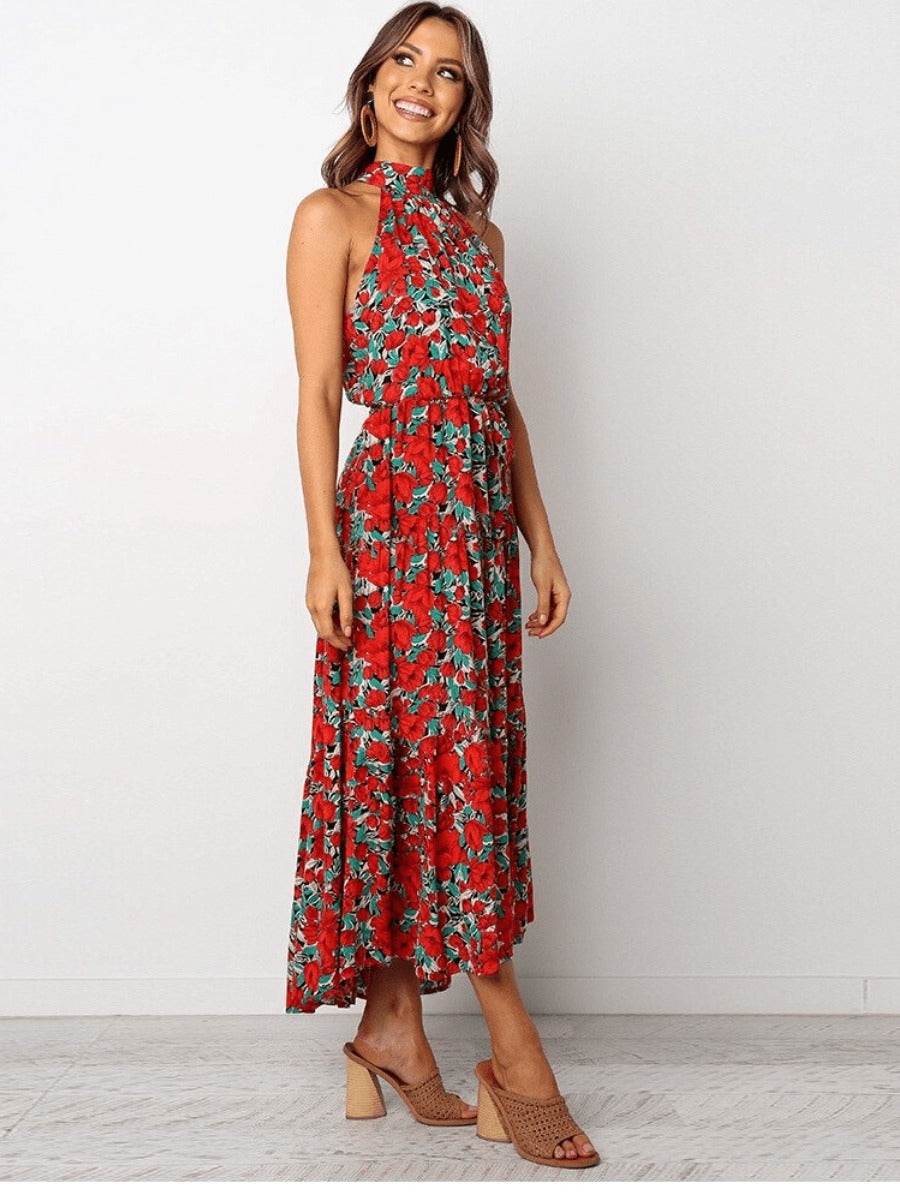 Mid-Length Boho Dress with Red/Blue Flowers