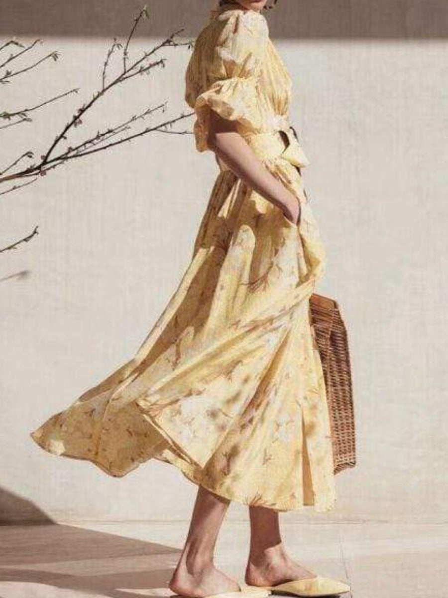 Boho Hippie Dress with Floral Print in Yellow
