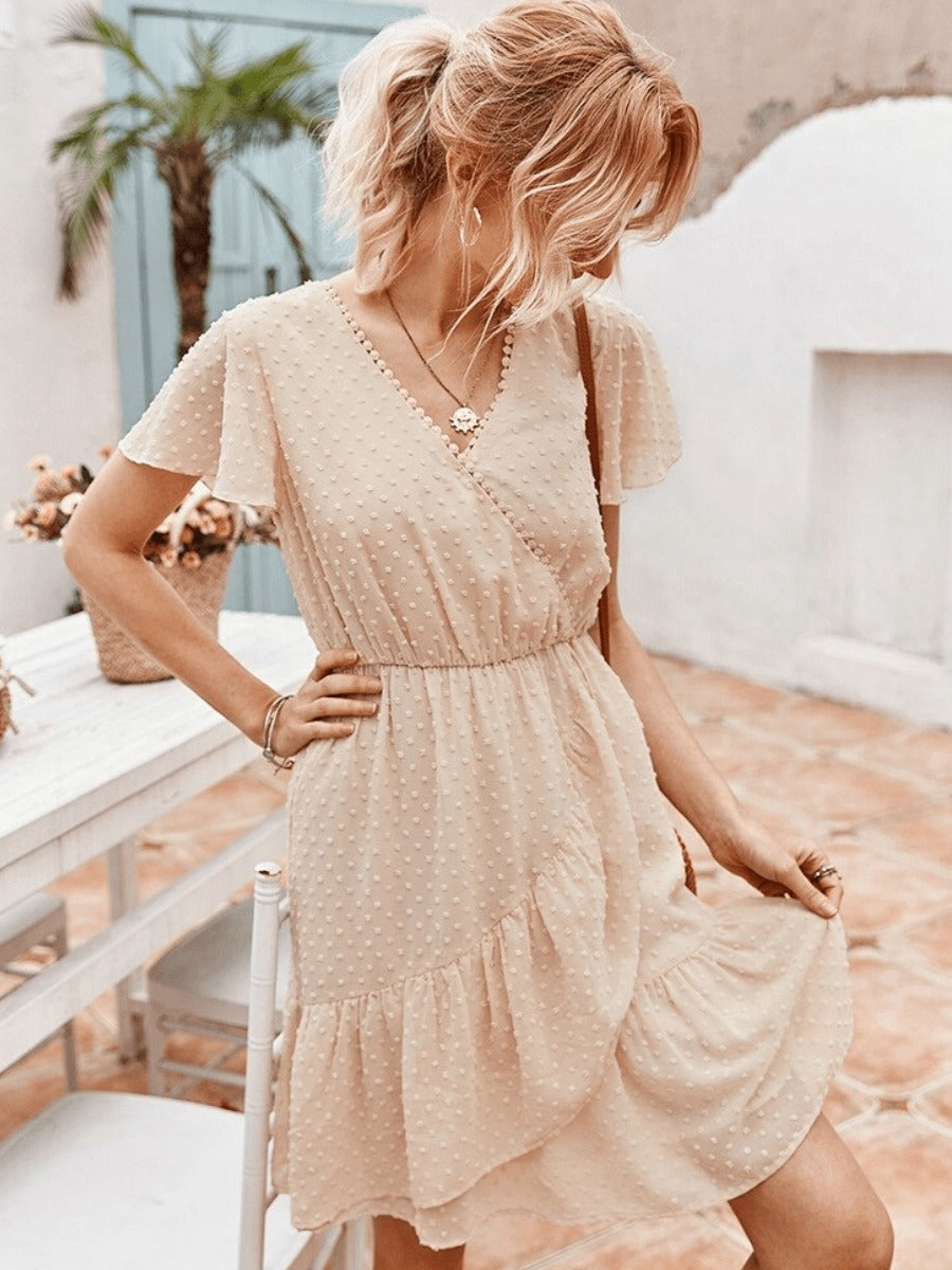 Studded Chiffon Mini Dress in Beige