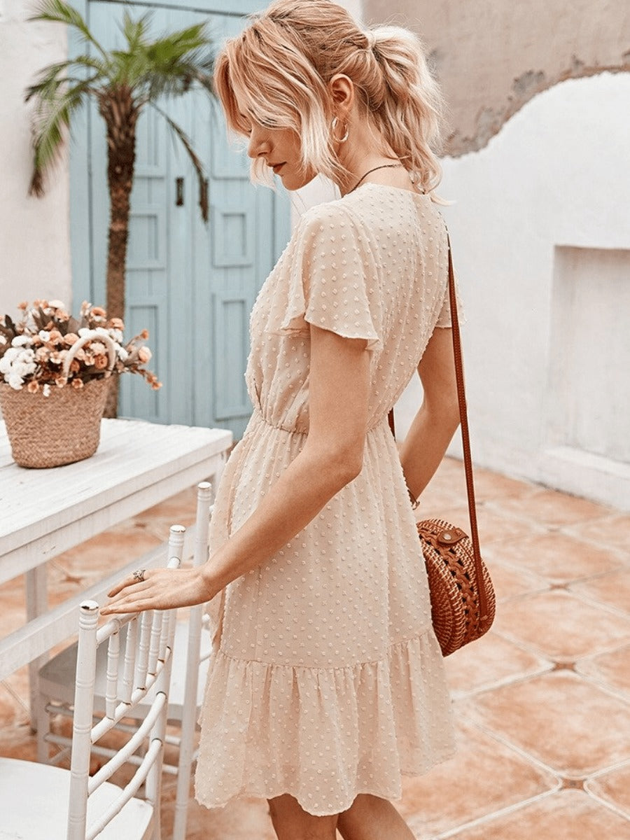 Studded Chiffon Mini Dress in Beige