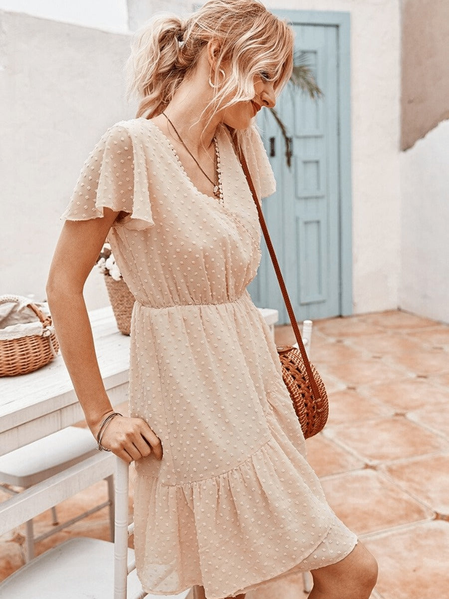 Studded Chiffon Mini Dress in Beige