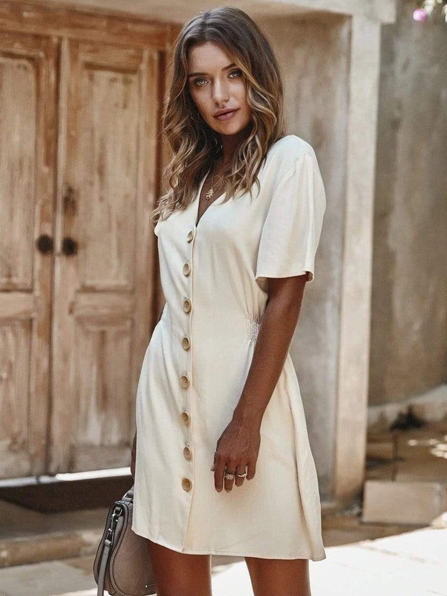 Button through Boho Mini Dress in White