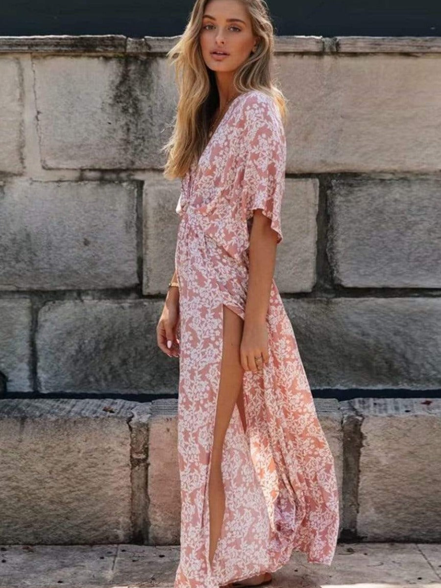 Long Boho Dress with Floral Print in Dusky Pink