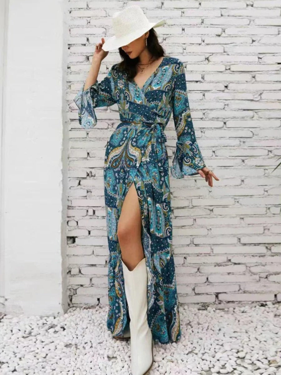 Blue Boho Long Sleeve Maxi Dress