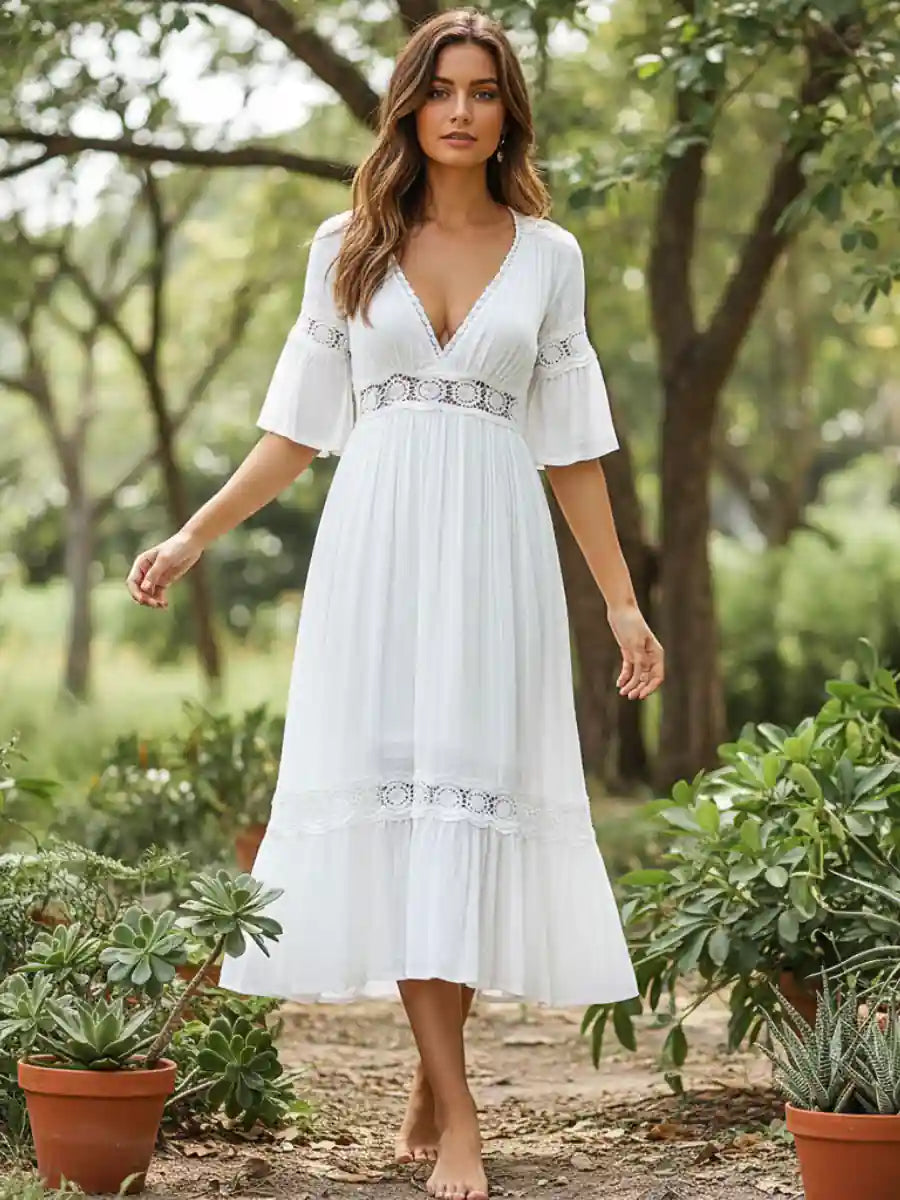 White Boho Midi Dress, S / White
