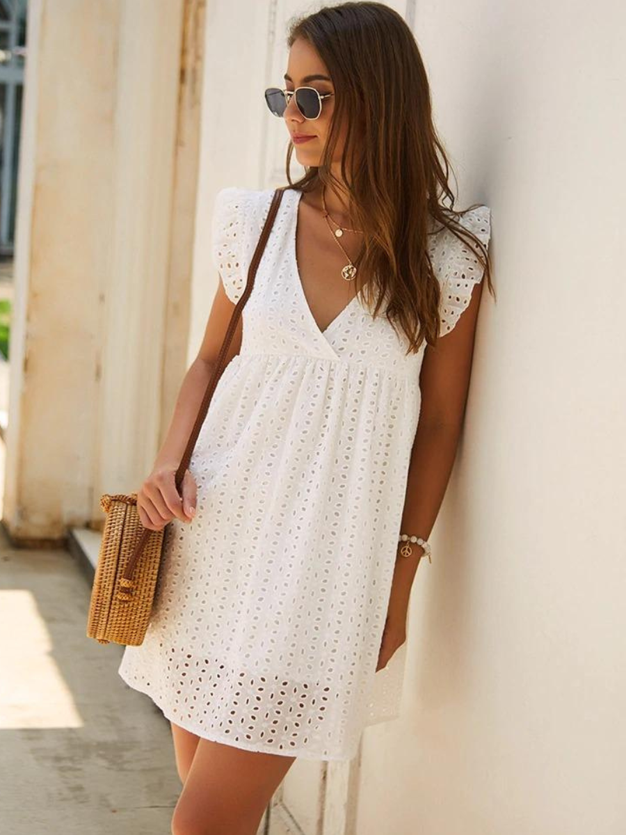 White Boho Mini Dress with embroideries