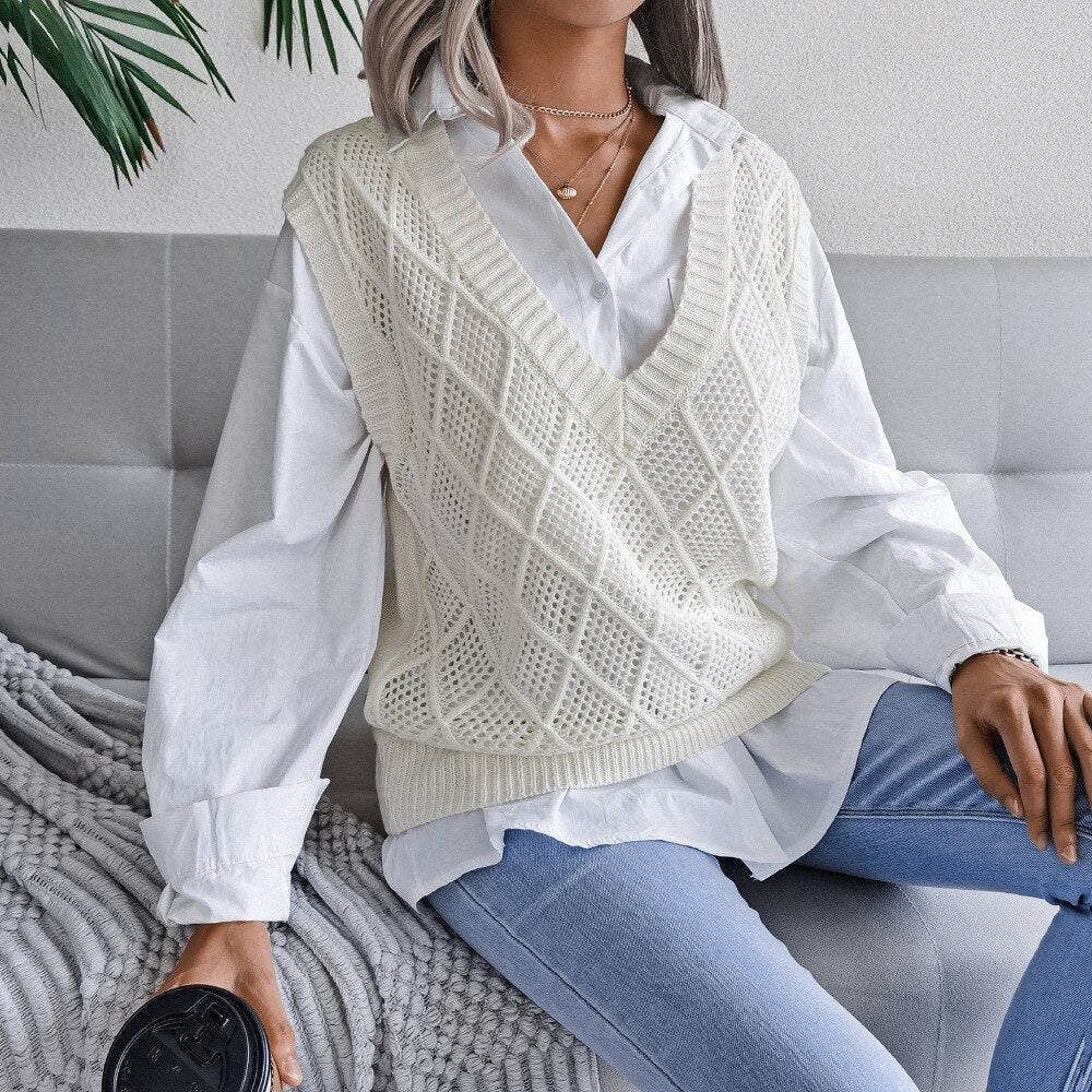 White Boho V-neck Sleeveless Knit Sweater