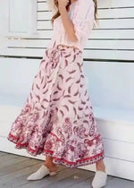 White boho maxi skirt with pink feathers