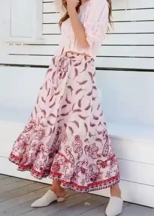 White boho maxi skirt with pink feathers
