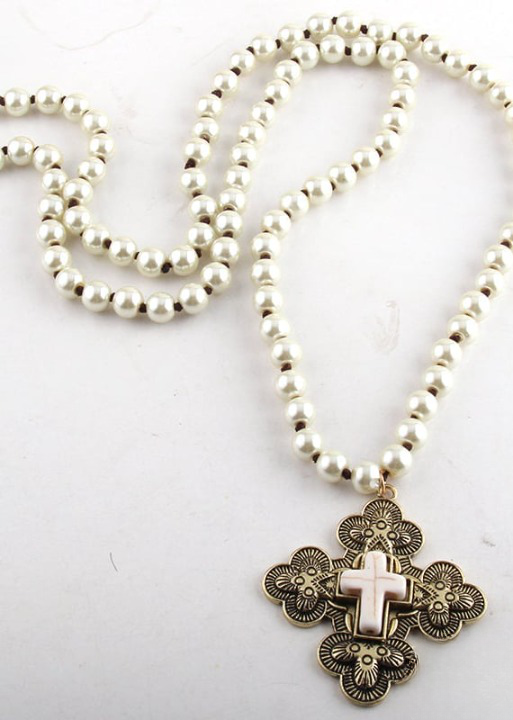 Withe Boho Pearl Necklace - Cross Pendant