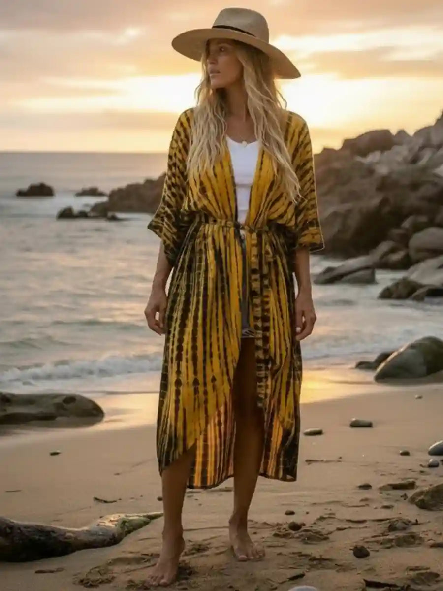 Yellow Boho Tie Dye Beach Kimono