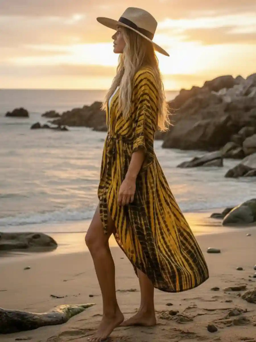 Yellow Boho Tie Dye Beach Kimono