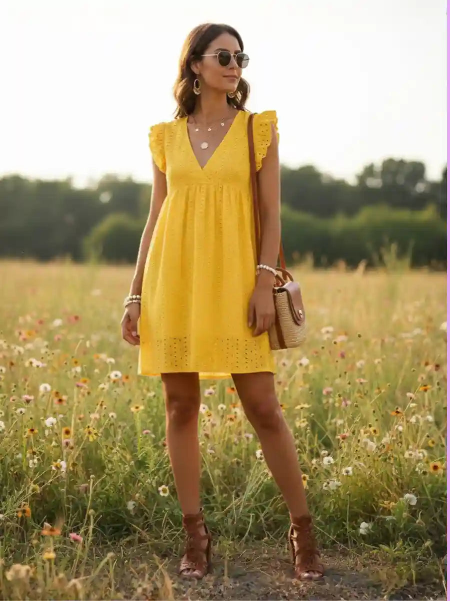 Yellow Embroidered Mini Dress