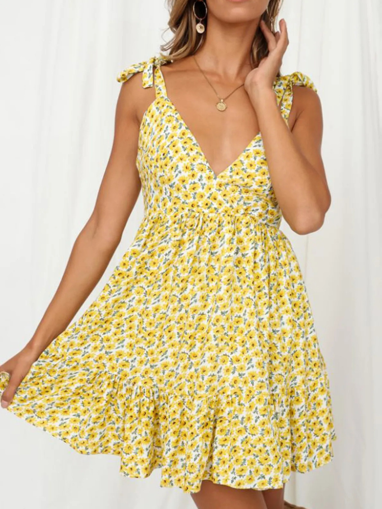 Yellow Flowers Printed Hippie Mini Dress