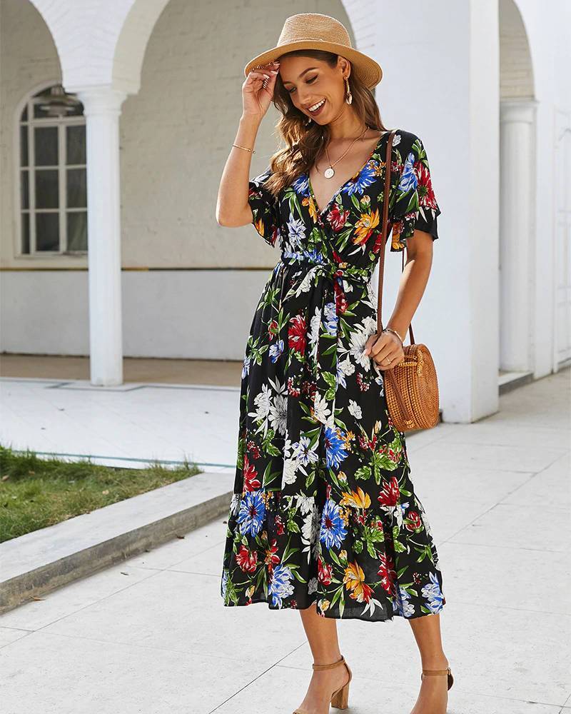 Black Floral Bohemian Long Dress