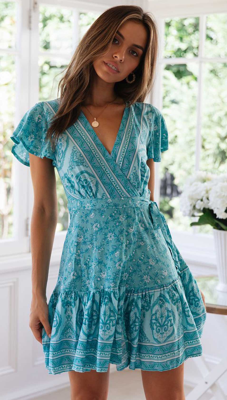 Bohemian Mini Dress in Turquoise Blue