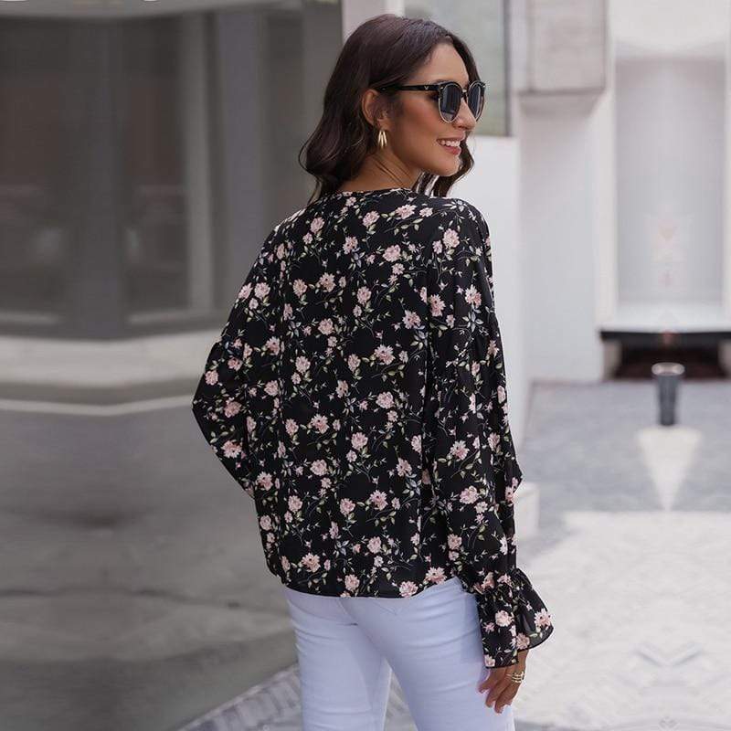 Boho Black Blouse and Pink Flowers Printed