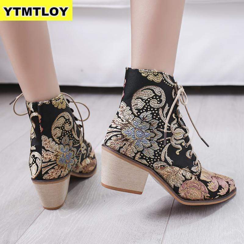 Boho Black Boots with Embroidered Flowers