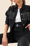 Boho Black Denim Jacket with Rhinestones and Fringes