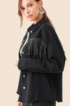 Boho Black Denim Jacket with Rhinestones and Fringes