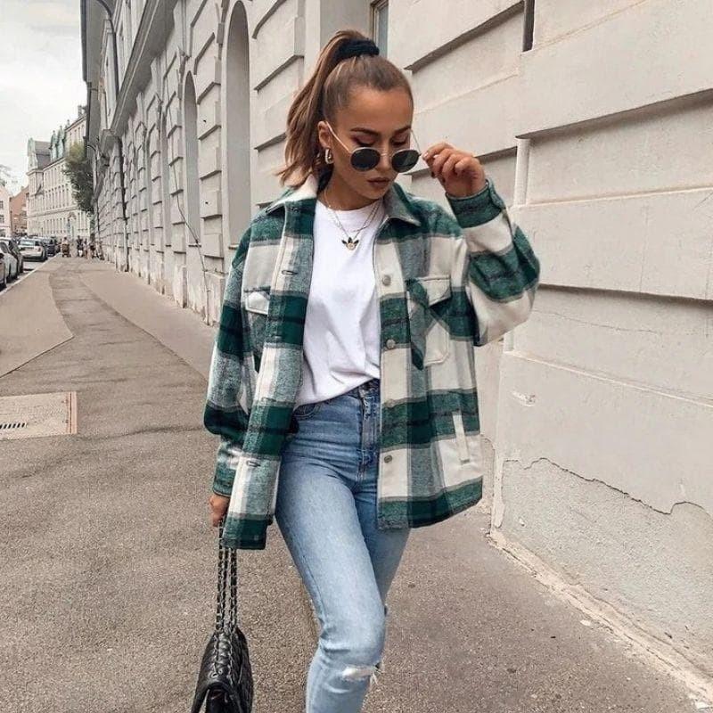 Boho Checked Shirt Jacket in White Green - Main Image