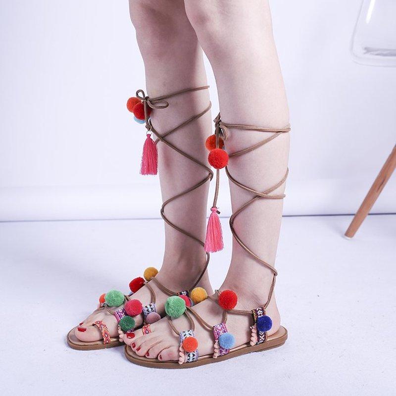 Boho Colorful Pompoms Sandals