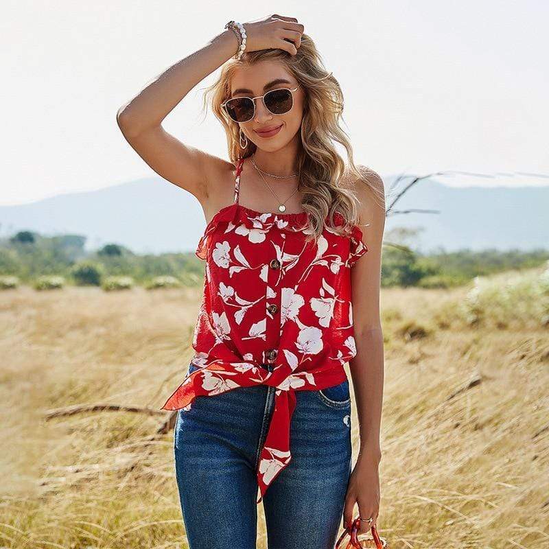 Boho Floral Red Blouse