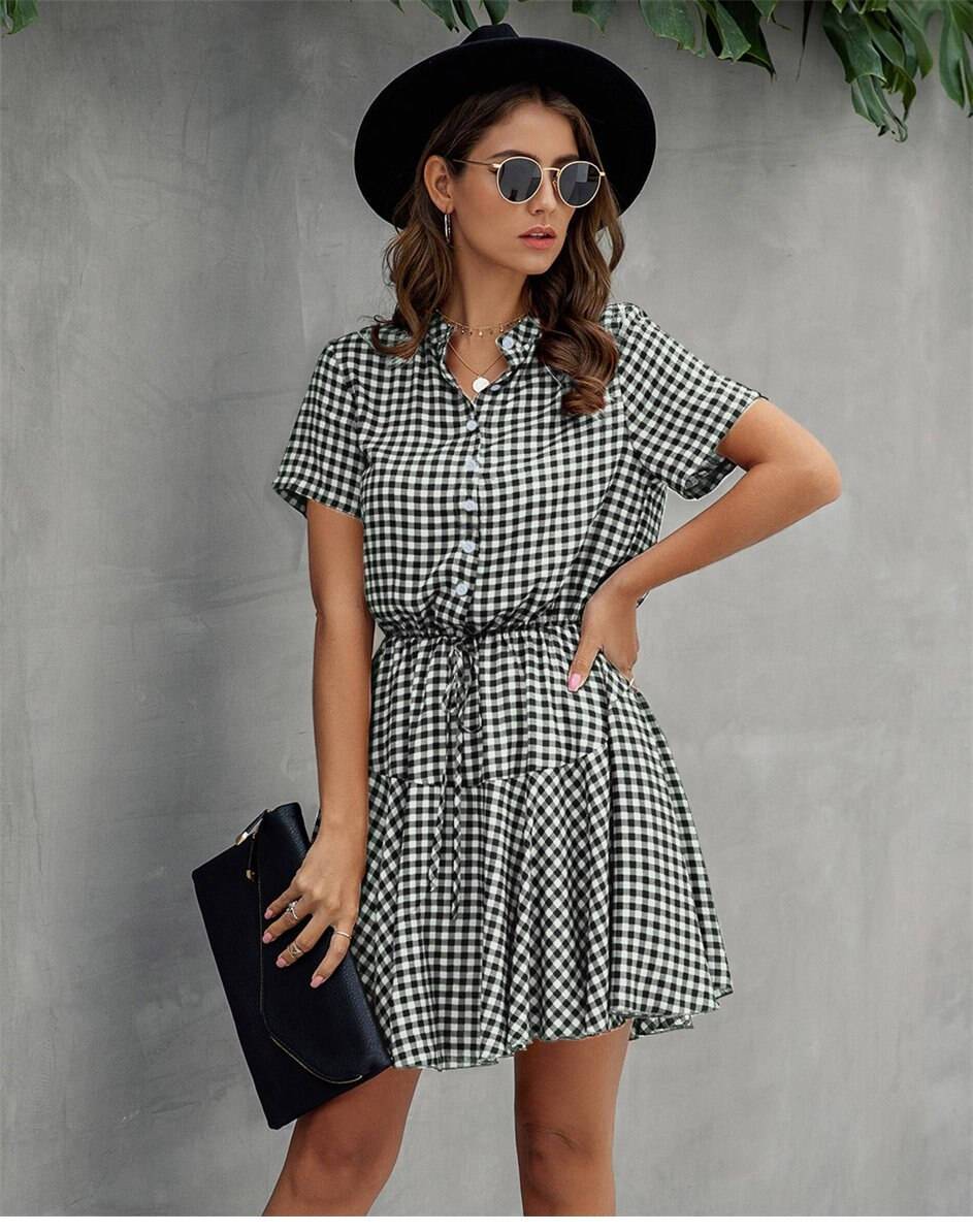 BOHO Gingham Mini Dress in Black/White