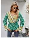 Boho Gold & Green Floral Blouse