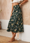 Green boho maxi skirt with floral print and side slit