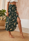 Green boho maxi skirt with floral print and side slit