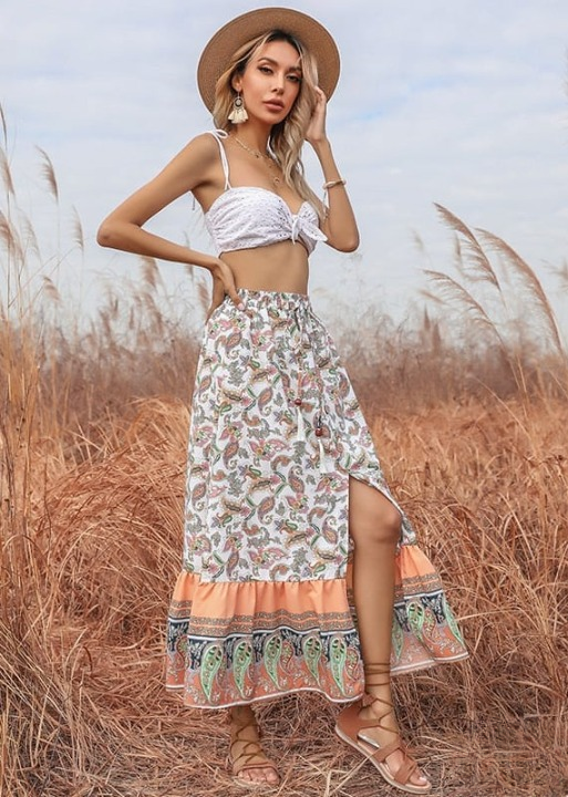 Boho Gypsy printed long Skirt with side slit