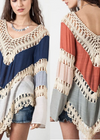 Boho long tunic patchwork asymmetric, flared sleeves