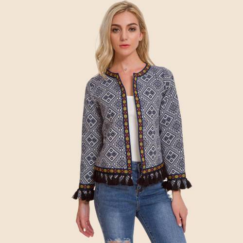 Boho Jacket with Geometric Print and Pompoms