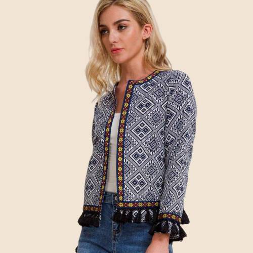 Boho Jacket with Geometric Print and Pompoms