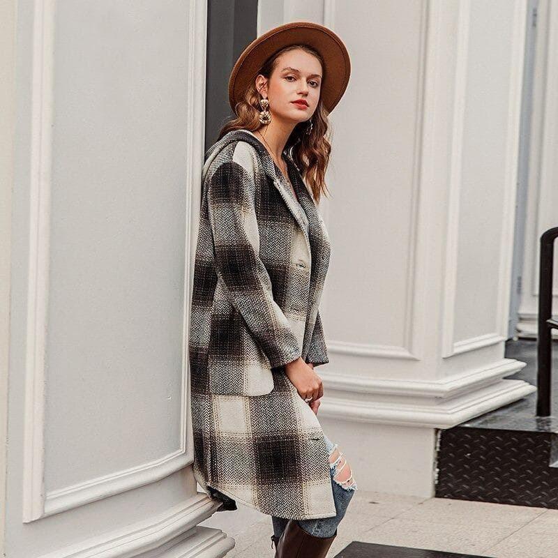 Boho Mid-Long Coat with Checkred Print and a Hood