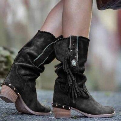 Boho Mid Long Fringed Boots Black 42