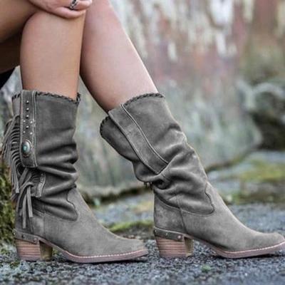 Boho Mid Long Fringed Boots Grey 40