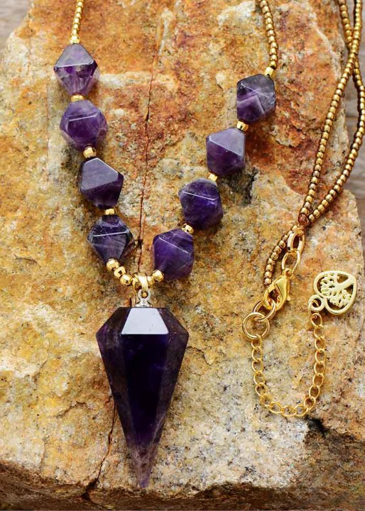 Boho Gemstone Bead Necklace, Crystal Bead orders Necklace, Boho Gemstone Necklace, Beaded Gemstone Necklace, Amethyst Pendulum Necklace