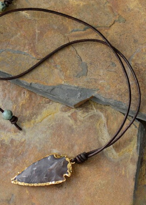 Long Boho Necklace - Jasper Arrowhead Pendant