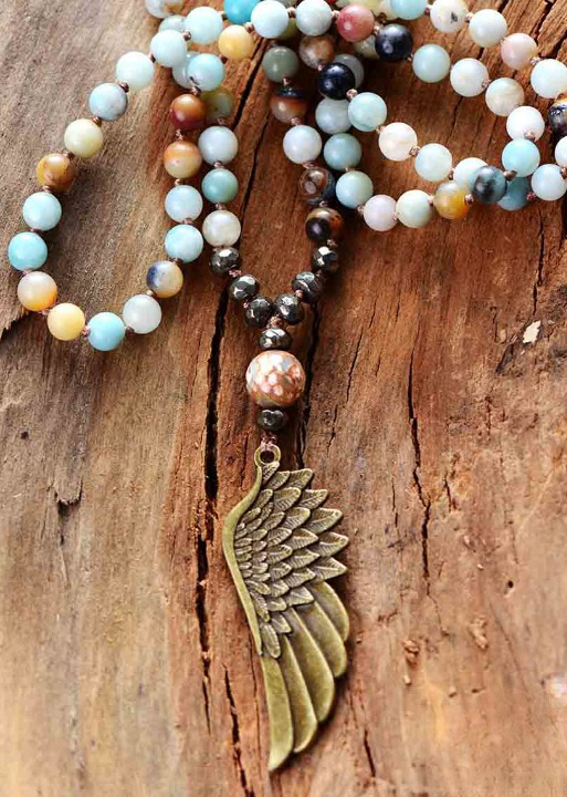 Long Boho Necklace - Angel Wing Pendant