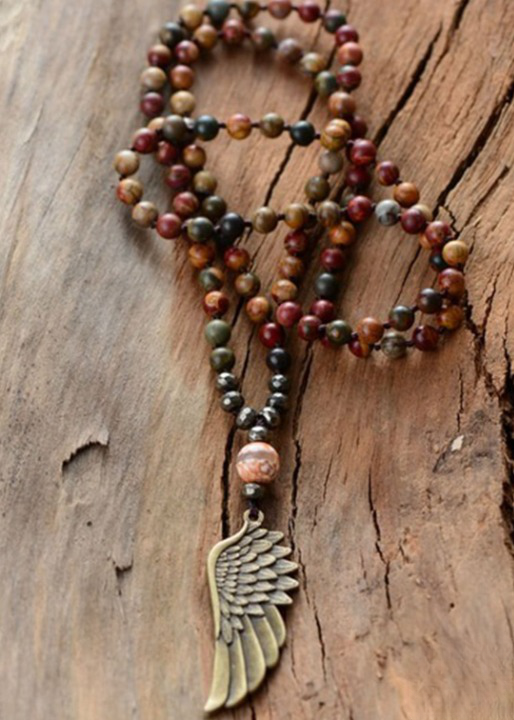 Long Boho Necklace - Angel Wing Pendant