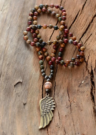 Long Boho Necklace - Angel Wing Pendant